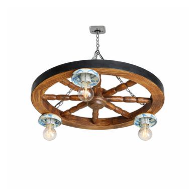Lustra Rustica Lemn Tip Roata 50 cm, 3x E27 Ceramice, Stil Vintage cu Elemente Traditionale