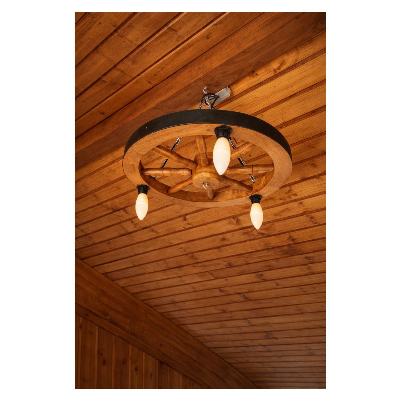 Lustra Rustica Lemn Tip Roata 50 cm, 3x E14, Stil Vintage - 3