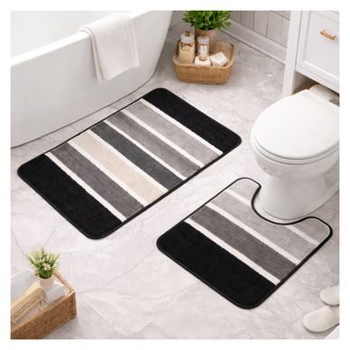 Set 2 covorase baie – cu membrana antiderapanta, 100% fibre sintetice, gri, 50×40 cm, 50×80 cm, Sandy Jolanka