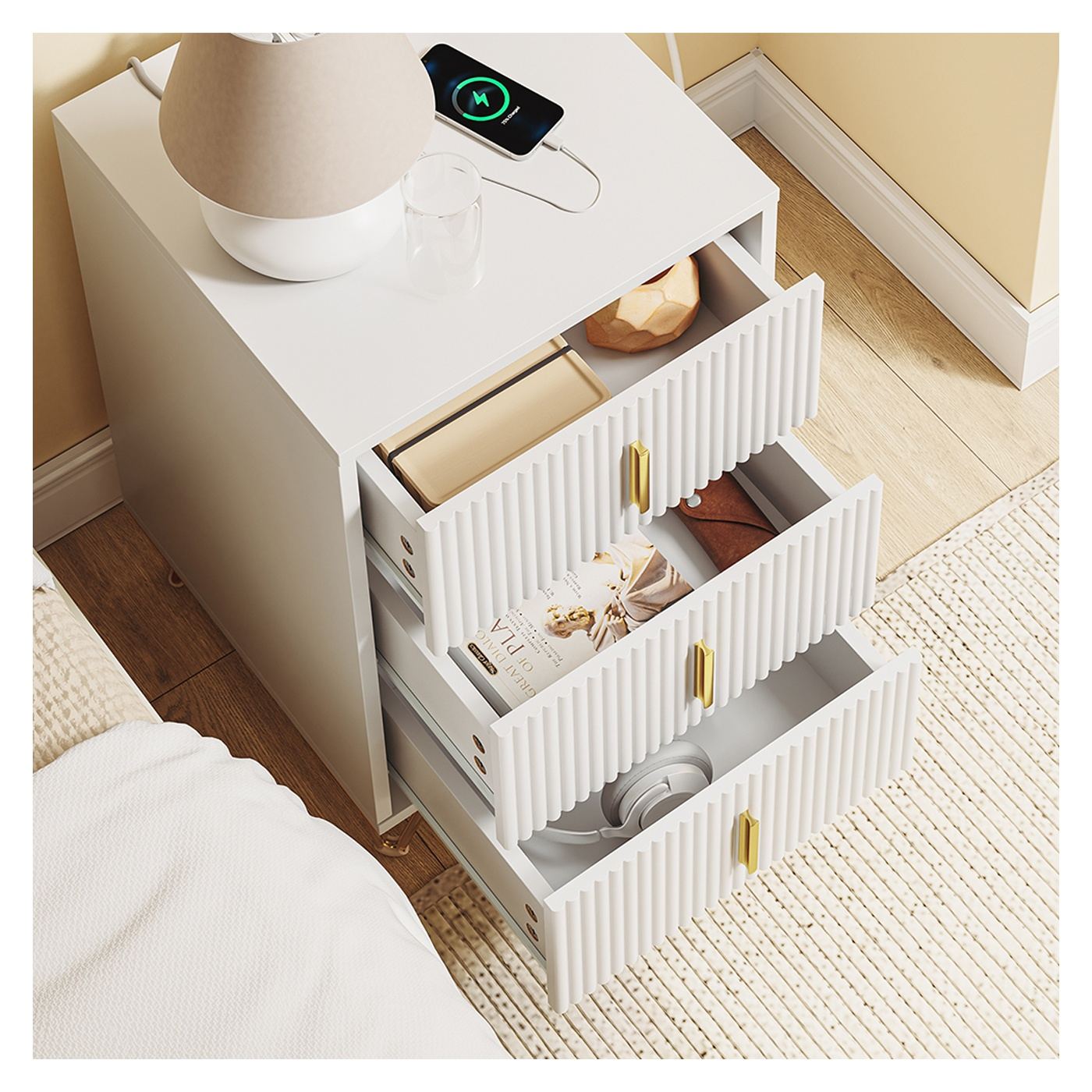 SoBuy | Noptieră Albă cu 3 Sertare, Încărcare Wireless și Priză - 12