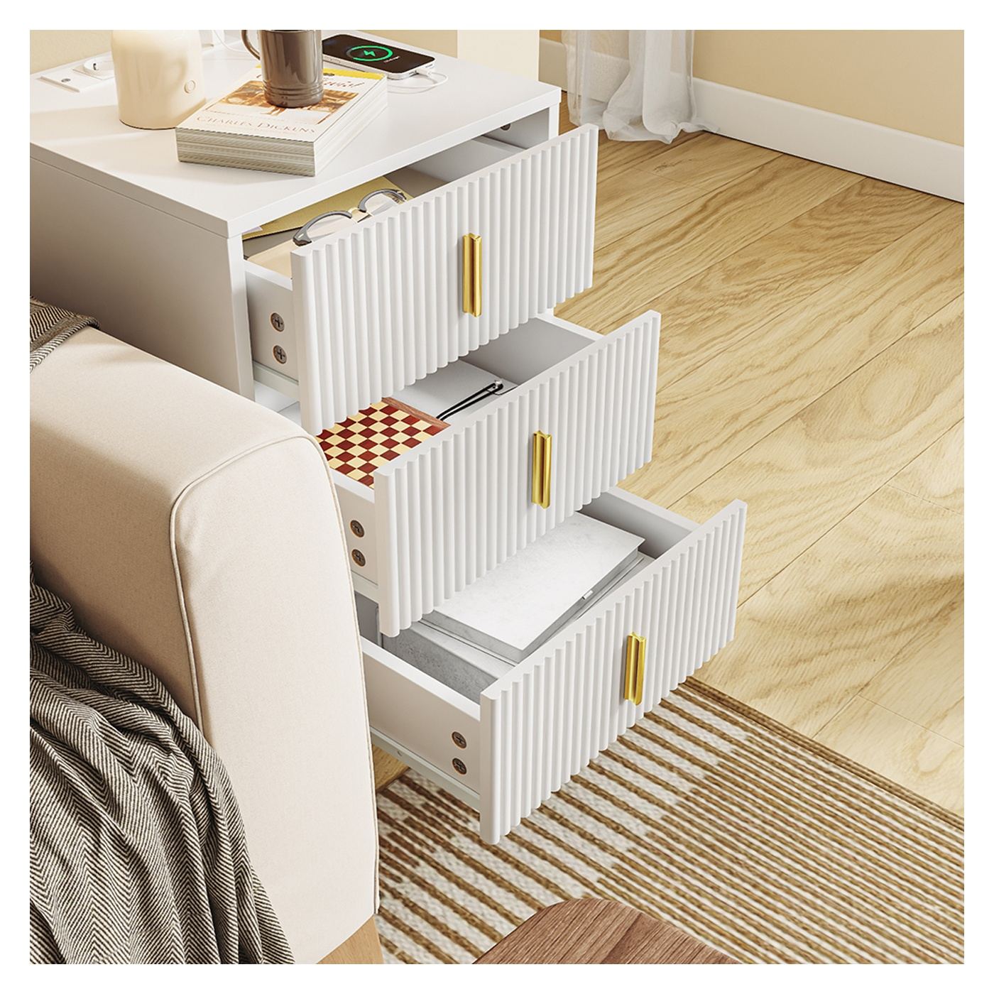 SoBuy | Noptieră Albă cu 3 Sertare, Încărcare Wireless și Priză - 13