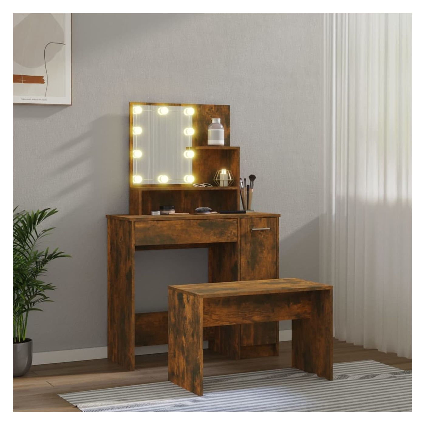 Fstszn tlgy sminkasztal kszlet LED-del, feldolgozott fa - 5