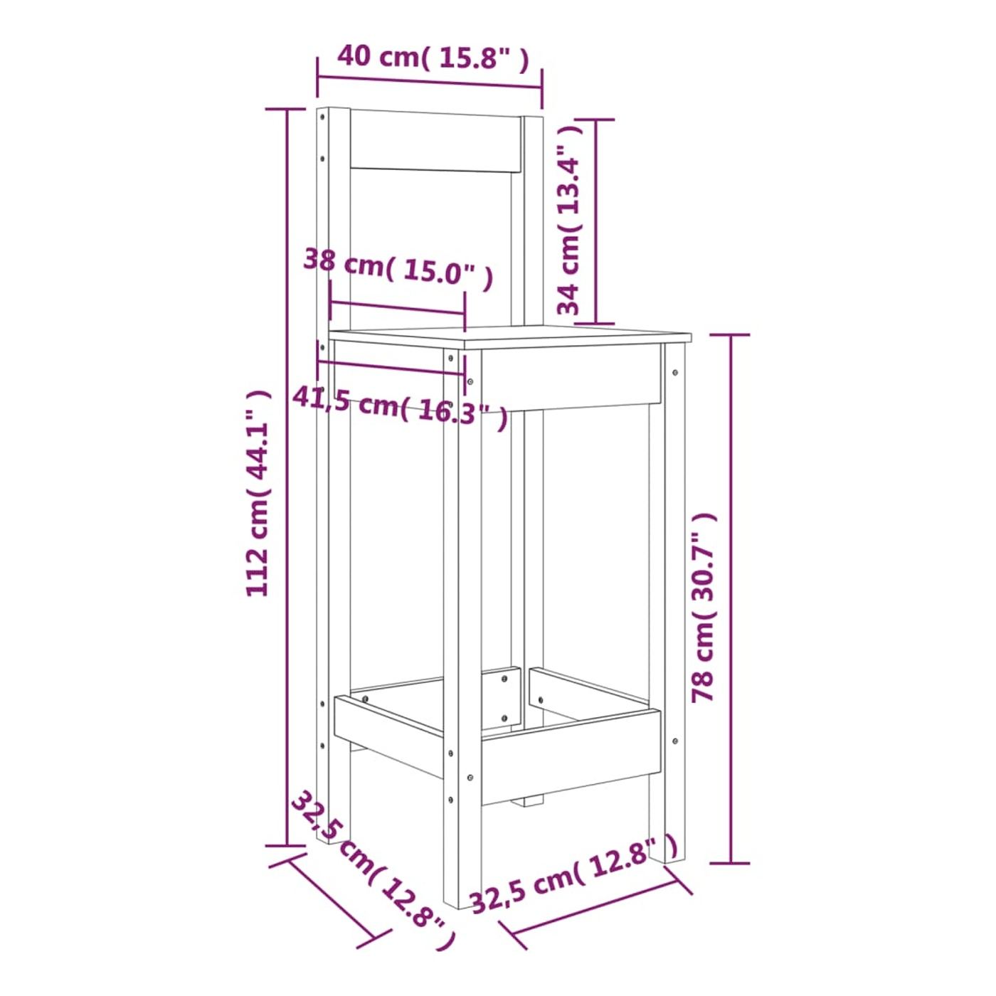 Scaune de bar, 2 buc., negru, 40x41,5x112 cm, lemn masiv pin - 7
