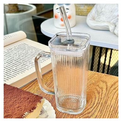 Flippy Sklenice na pití, 330 ml, se slámkou a uchem, průhledný design s vertikálními pruhy, transparentní