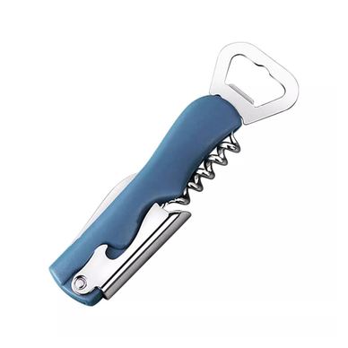 Tirbuson de Sticle 4 in 1, Flippy, Desfacator de Sticle Multifunctional, din Inox cu Maner Anti Alunecare, 13.5 x 4 cm Albastru