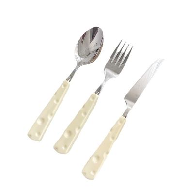 Tacamuri pentru Copii, Flippy, Set 3 Piese, Tacamuri pentru Dejun, Lingura Furculita Cutit, Stil Italian, Manere forma Cascaval 