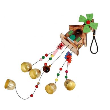 Decoratiune Din Lemn, Flippy, Moara de Vant cu Casuta, Clopotei de Vant, Suvenir, 45 x 50 cm, Multicolor