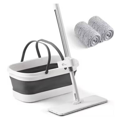 Ploščati mop Flippy, z zložljivim vedrom, 2 krpi iz mikrovlaken, 127 cm teleskopski ročaj, za mokro/suho uporabo, posoda za teko