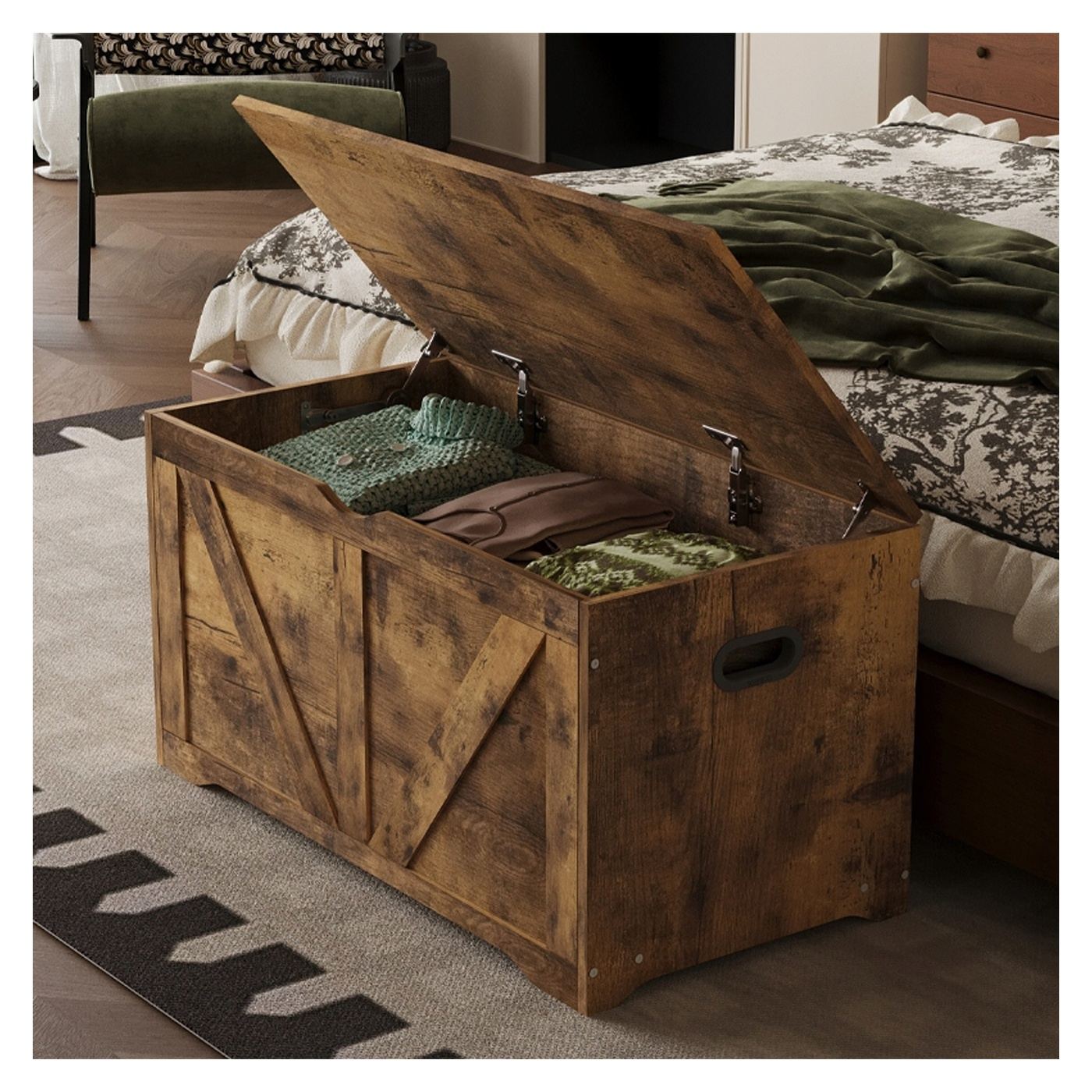 Ladă de depozitare din lemn, organizator de depozitare, bancă, stil loft maro, 100 cm - 4