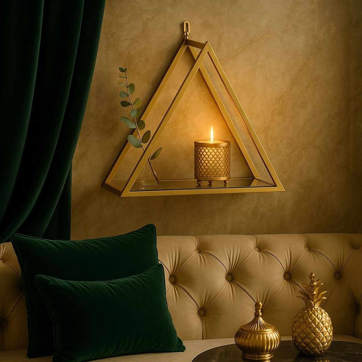 VICTORIA shelf with matte gold metal frame and glass shelf