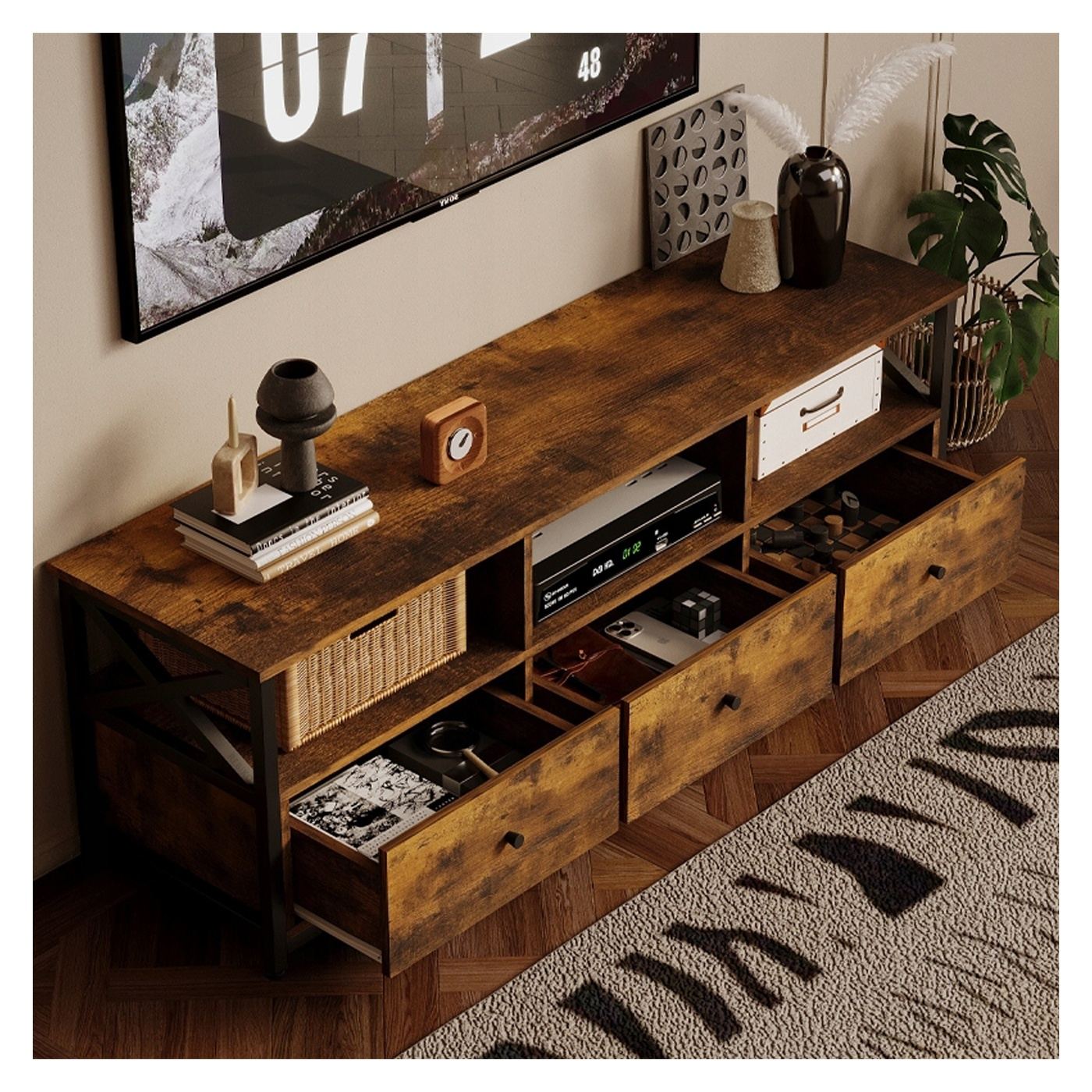 Dulap TV cu 3 sertare, stil vintage loft rustic, maro, 143 cm - 2