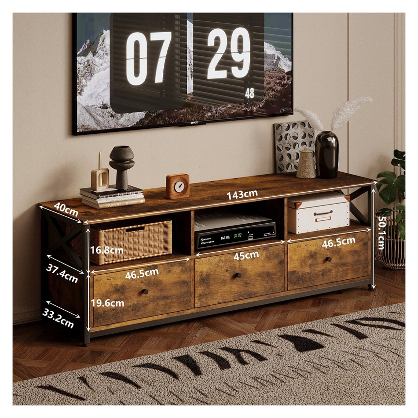 Dulap TV cu 3 sertare, stil vintage loft rustic, maro, 143 cm - 5