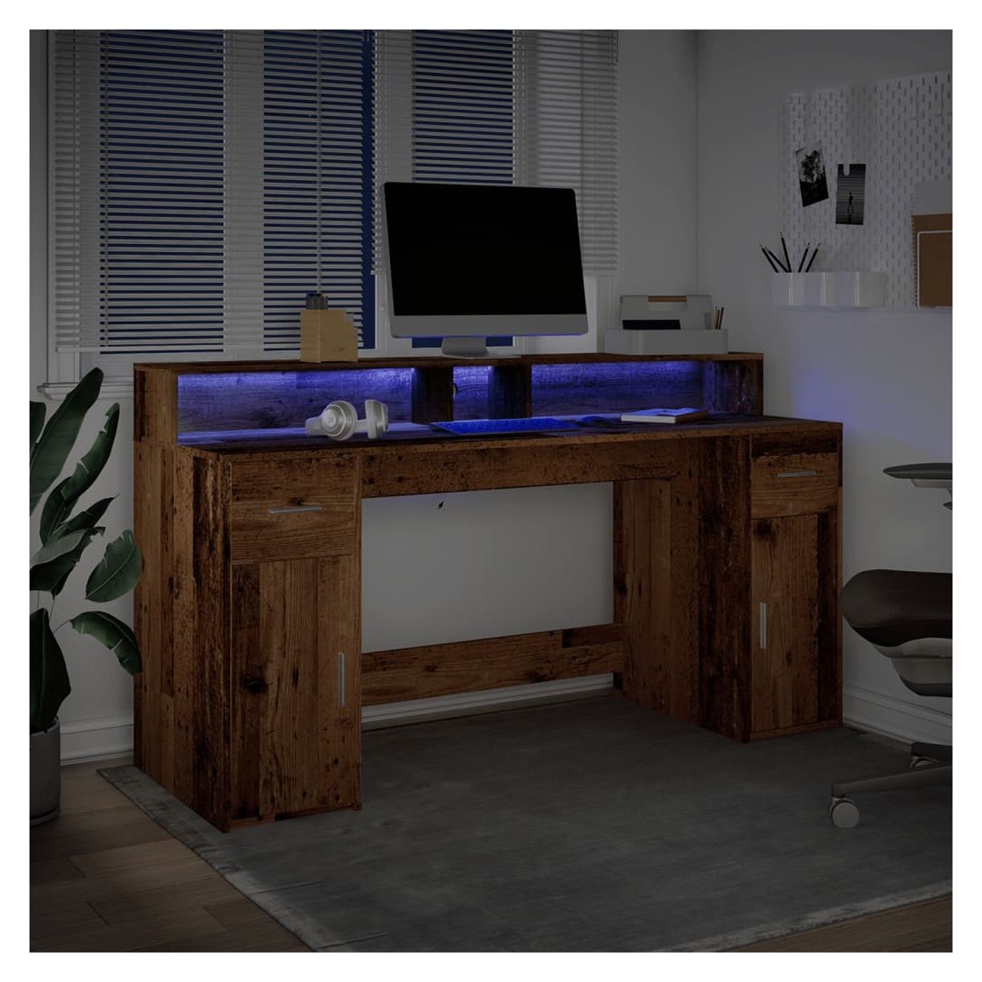 Psací stůl s LED světly old wood 160x55x91 cm kompozitní dřevo - 4