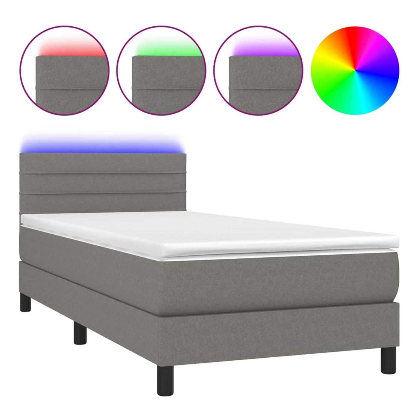 Легло с пружини, матрак и LED осветление, тъмносиво, 90x200 см, текстил - 2