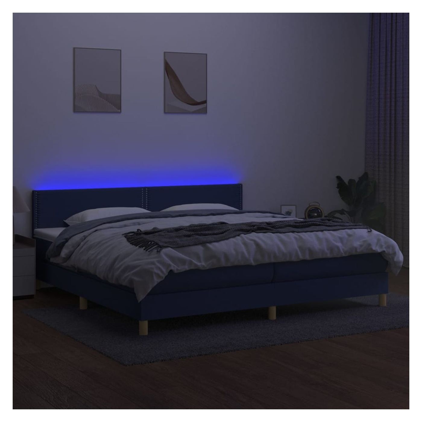 Легло с пружини, матрак и LED осветление, синьо, 200x200 см, текстил - 3