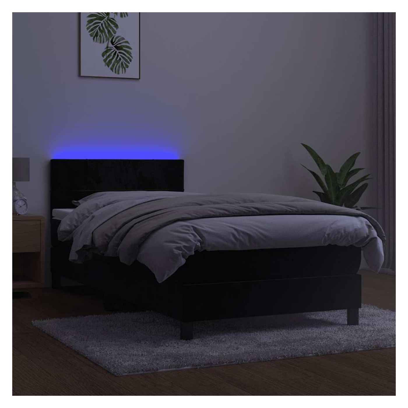 Легло с пружини, матрак и LED осветление, черно, 100x200 см, кадифе - 3
