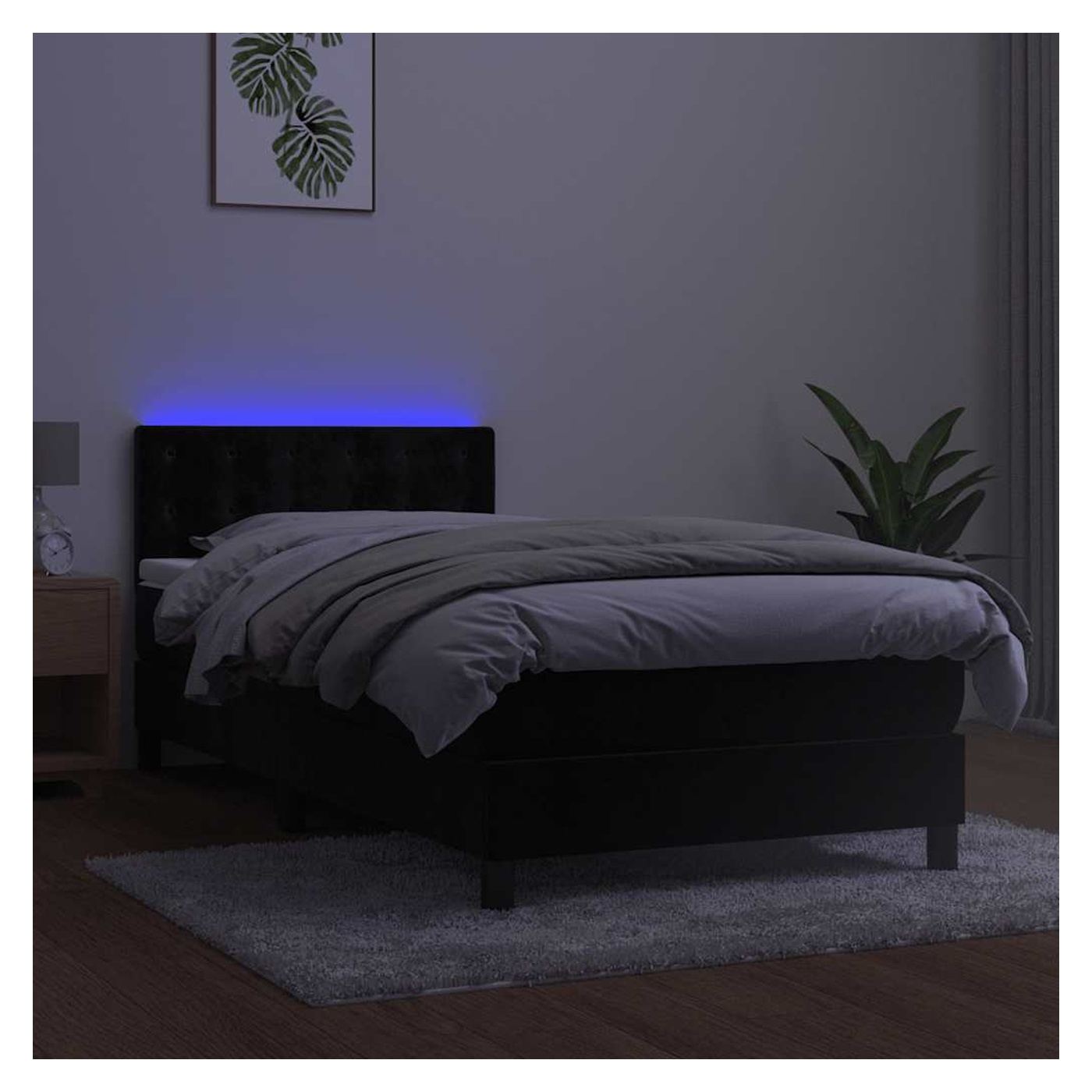 Легло с пружини, матрак и LED осветление, черно, 100x200 см, кадифе - 4