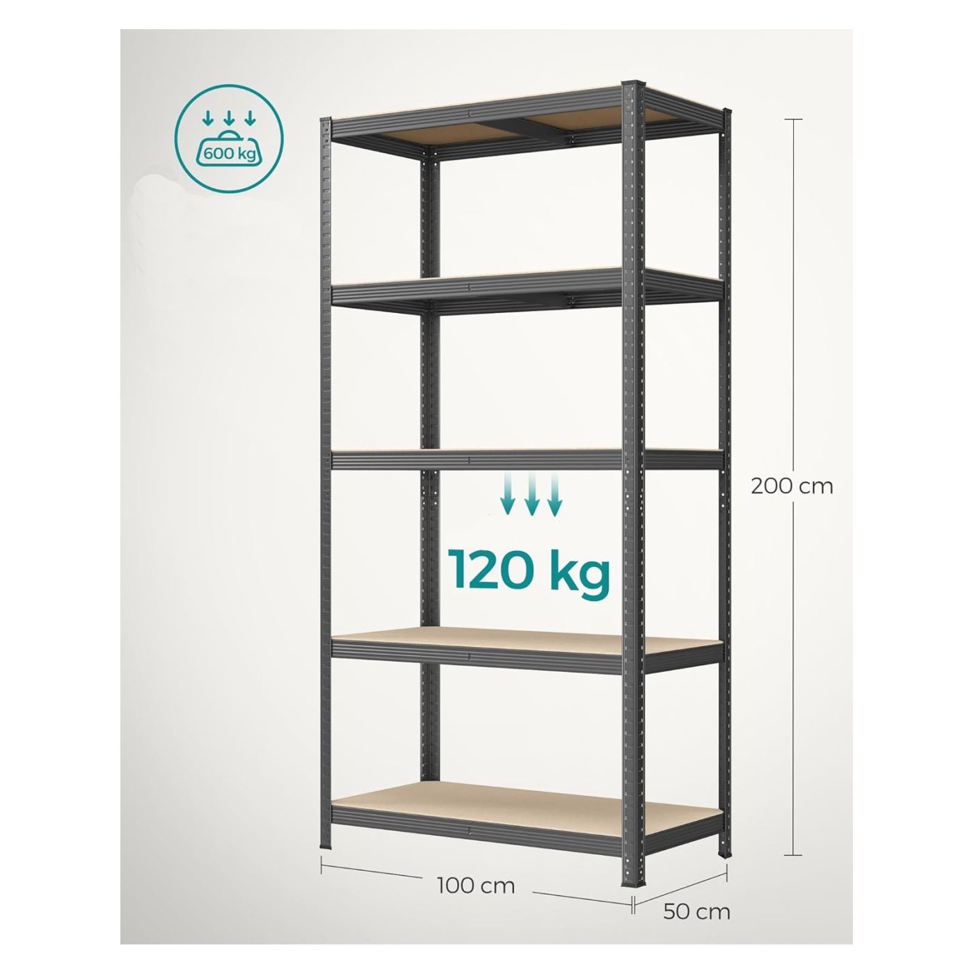 Метална стелажна система, с MDF рафтове, 5 рафта, макс. 600 кг, 200x100x50см, сива - 3