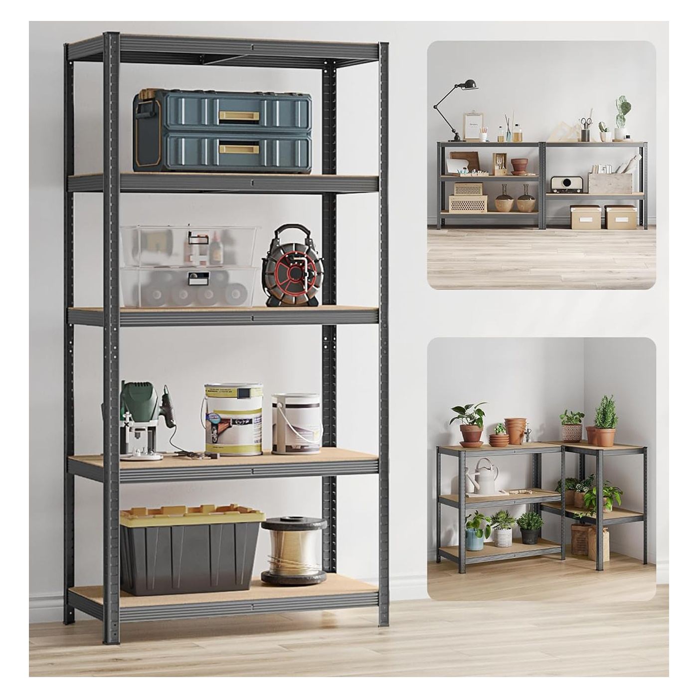 Метална стелажна система, с MDF рафтове, 5 рафта, макс. 600 кг, 200x100x50см, сива - 6
