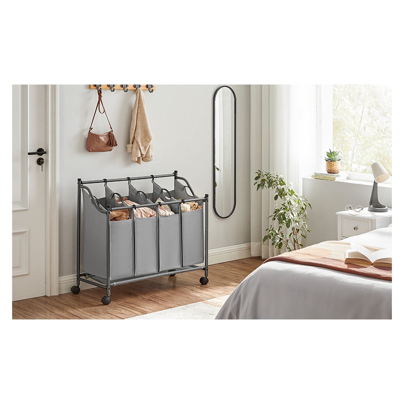 Кош за пране с 4 подвижни торби, метална рамка на колелца, 4x35L, 87x38x81см, сив - 3