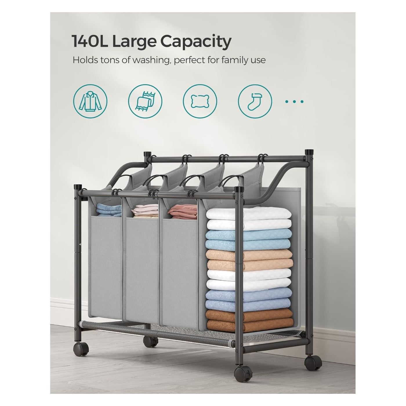 Кош за пране с 4 подвижни торби, метална рамка на колелца, 4x35L, 87x38x81см, сив - 6