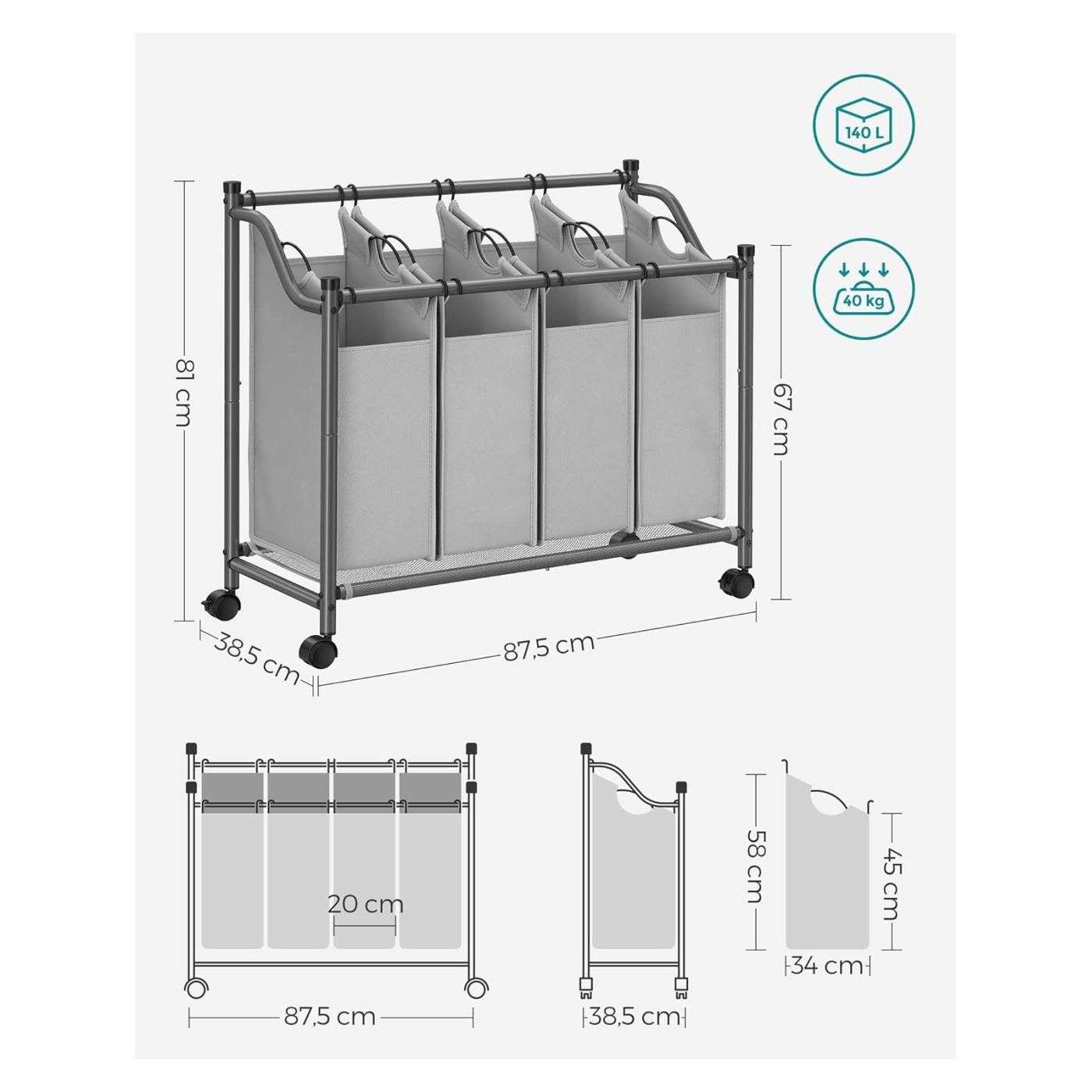 Кош за пране с 4 подвижни торби, метална рамка на колелца, 4x35L, 87x38x81см, сив - 9