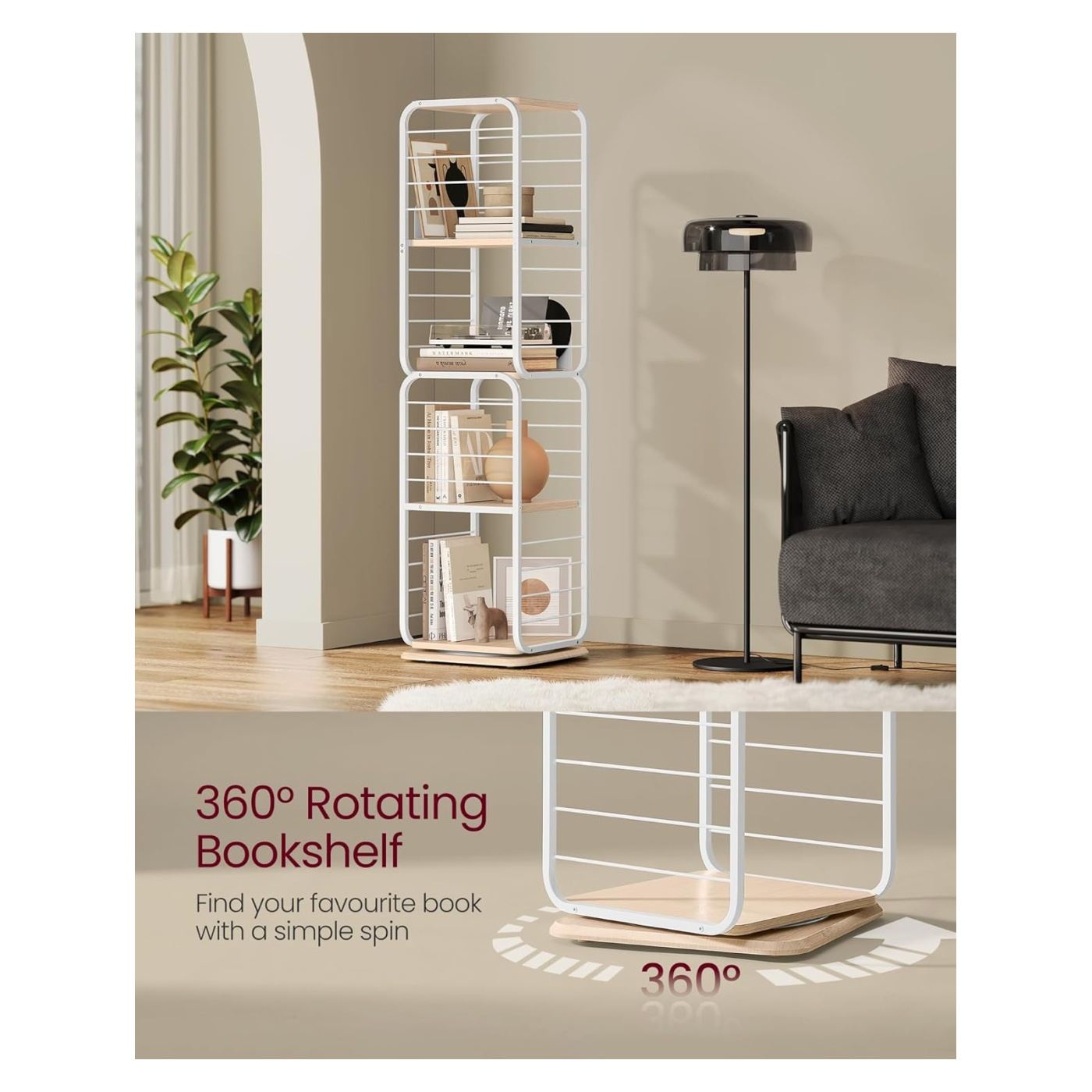 Въртящ се на 360 градуса рафт за книги, метална рамка, с 5 рафта от MDF, 43x43x158см, бял - 4