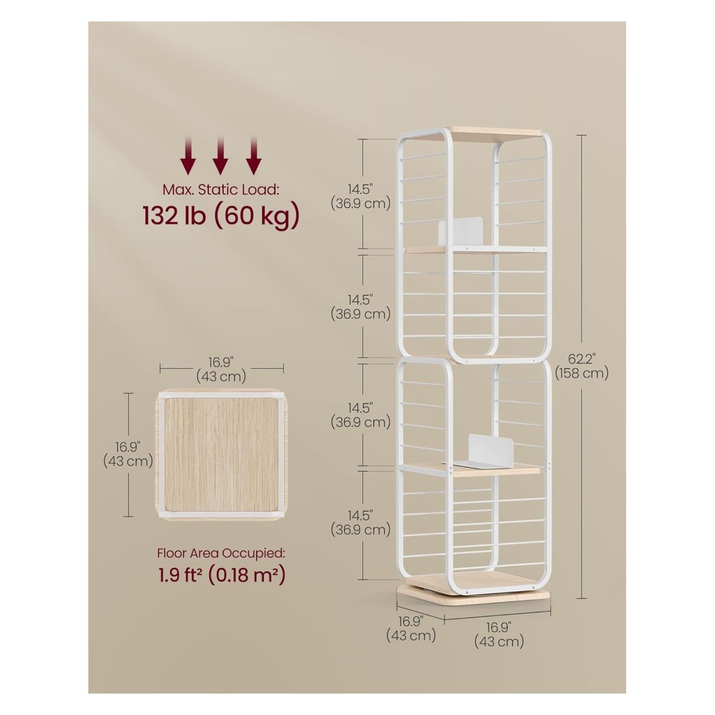 Въртящ се на 360 градуса рафт за книги, метална рамка, с 5 рафта от MDF, 43x43x158см, бял - 5