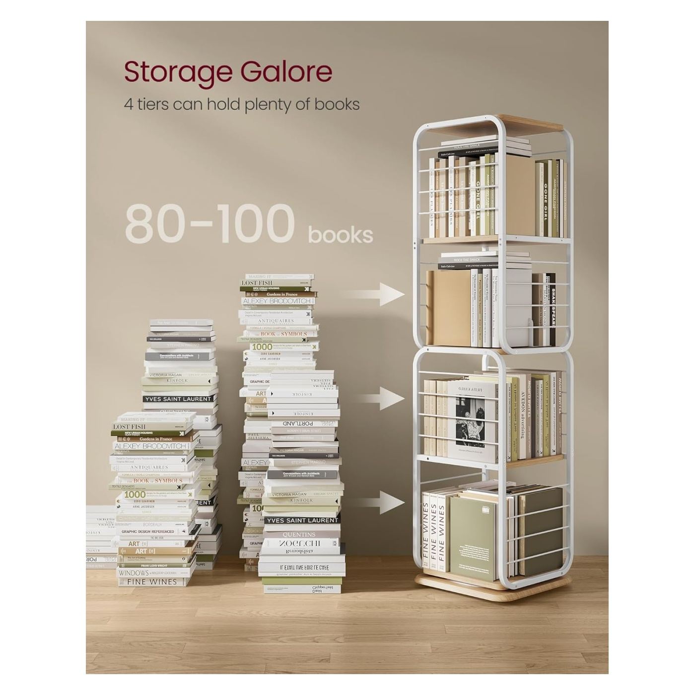 Въртящ се на 360 градуса рафт за книги, метална рамка, с 5 рафта от MDF, 43x43x158см, бял - 6