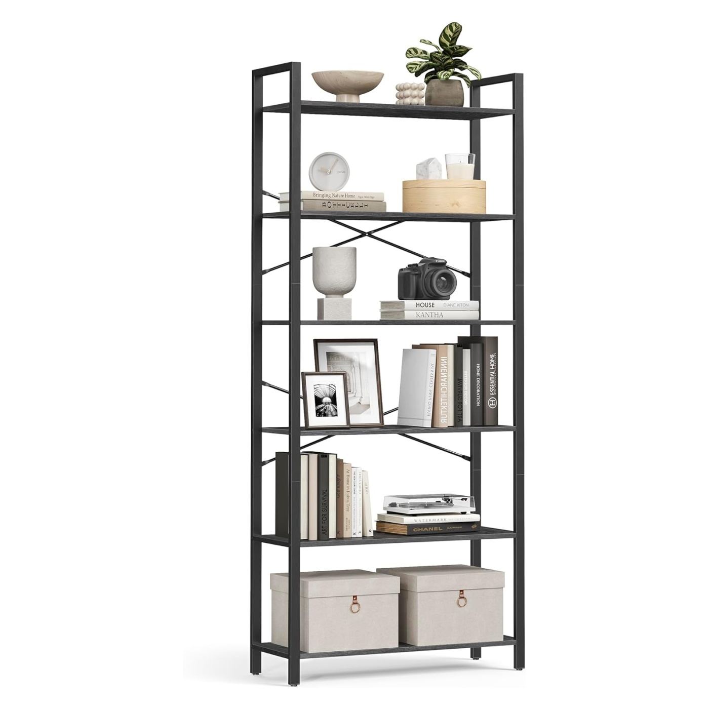 6-рафтова етажерка, метална рамка и рафтове от ПДЧ, индустриален стил, 80x30x186 см, черна - 2