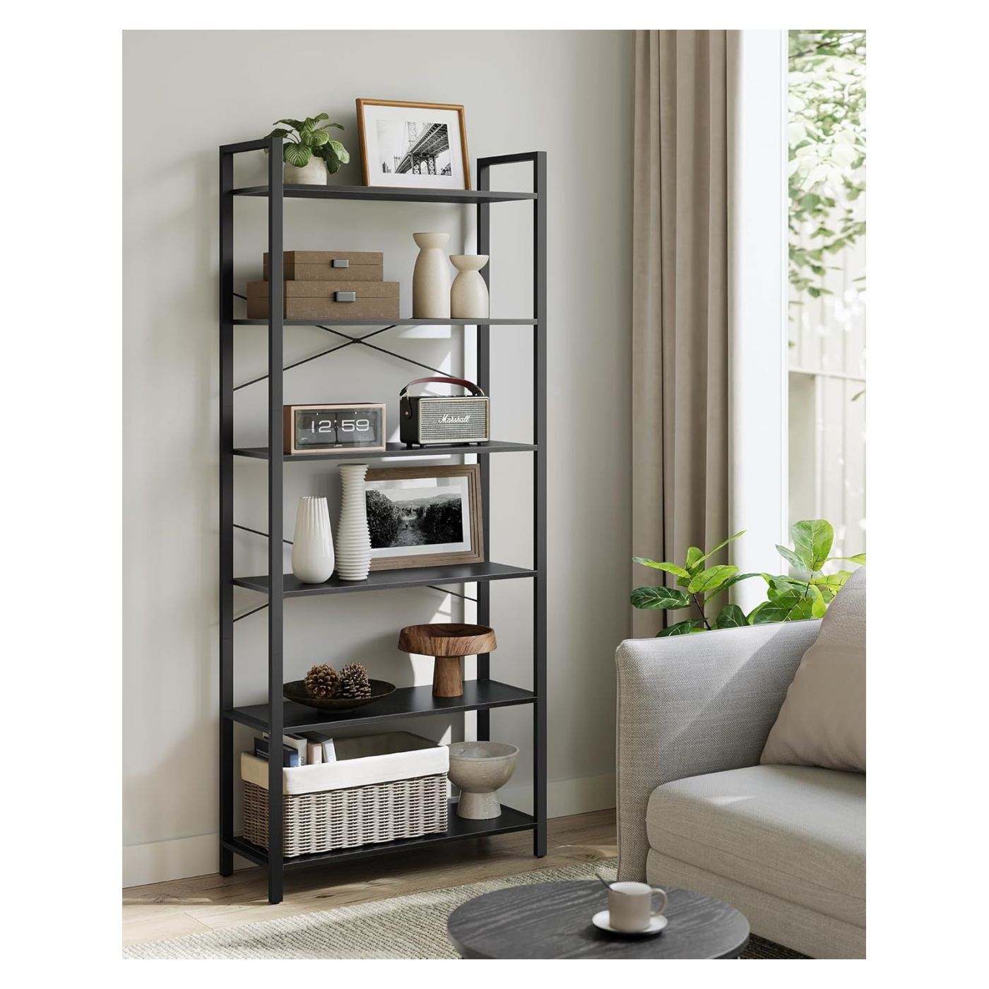 6-рафтова етажерка, метална рамка и рафтове от ПДЧ, индустриален стил, 80x30x186 см, черна - 5