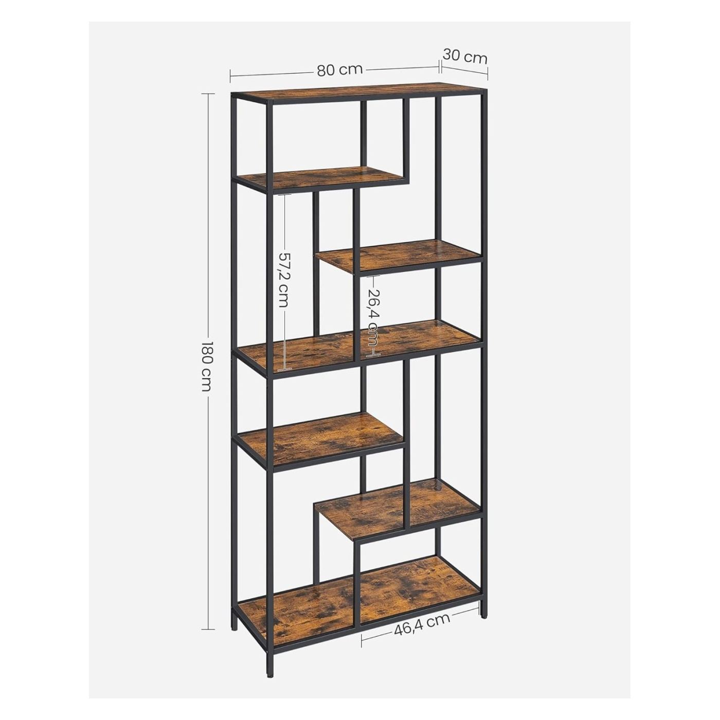 Геометричен рафт за книги, 6 нива, Индустриален стил, 30x80x180см, Рустик кафяв и черен - 4