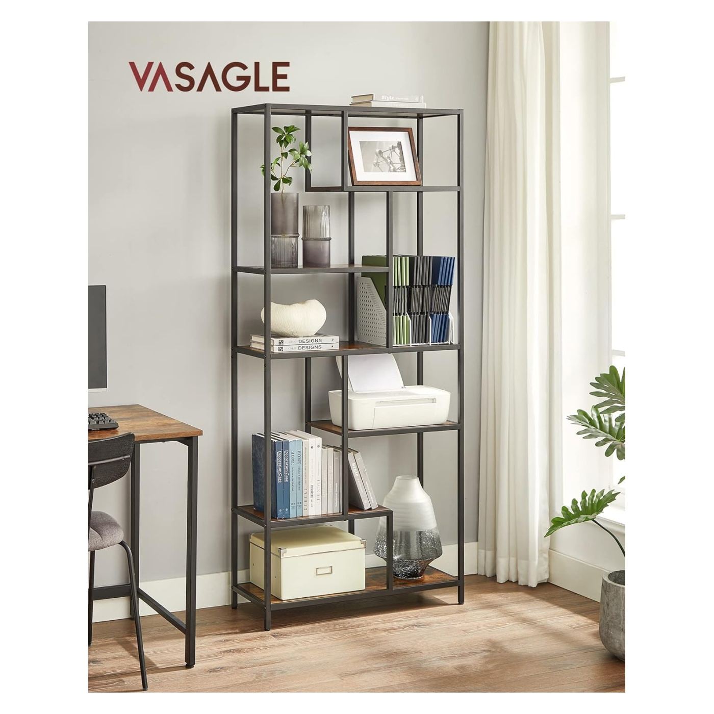 Геометричен рафт за книги, 6 нива, Индустриален стил, 30x80x180см, Рустик кафяв и черен - 5