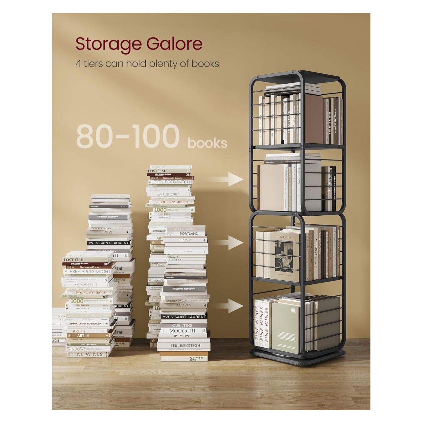 Въртящ се на 360 градуса рафт за книги, метална рамка, с 5 рафта от МДФ, 43x43x158см, черен - 7