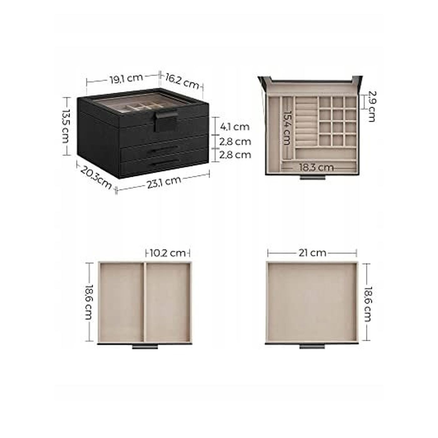 3-степенна кутия за бижута, 2 чекмеджета, стъклен капак и ключалка, 20x23x14см, черна - 2
