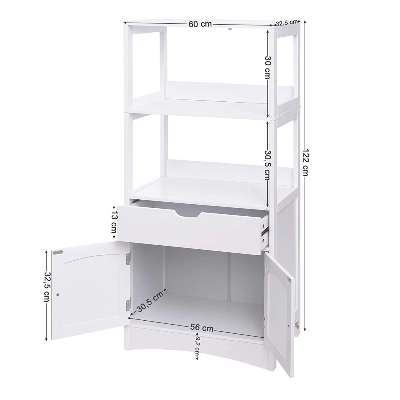 Шкаф за баня с чекмедже, 2 врати, 2 рафта, 60x32x122см, Бял - 7