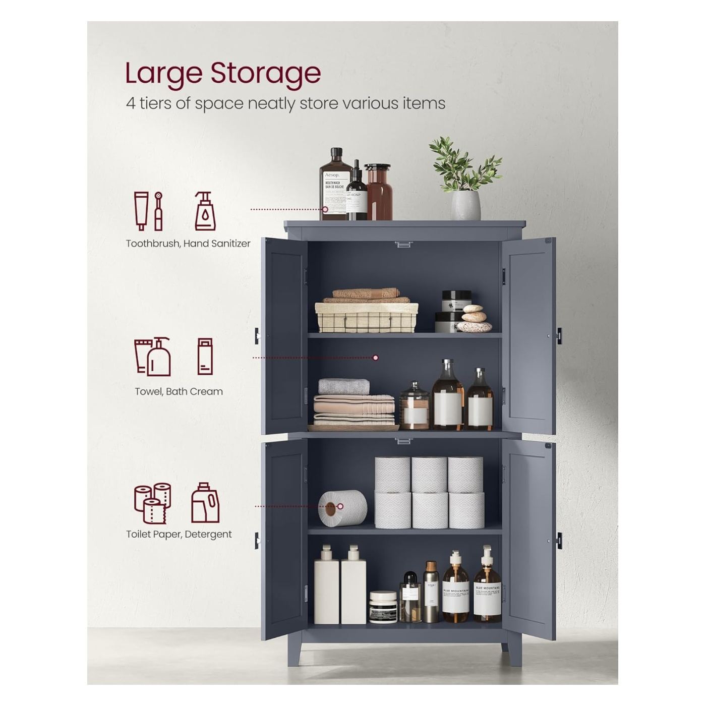 Шкаф за баня, MDF, с 2 отделения и 4 врати, регулируеми рафтове, 30x60x110см, тъмно сив - 4