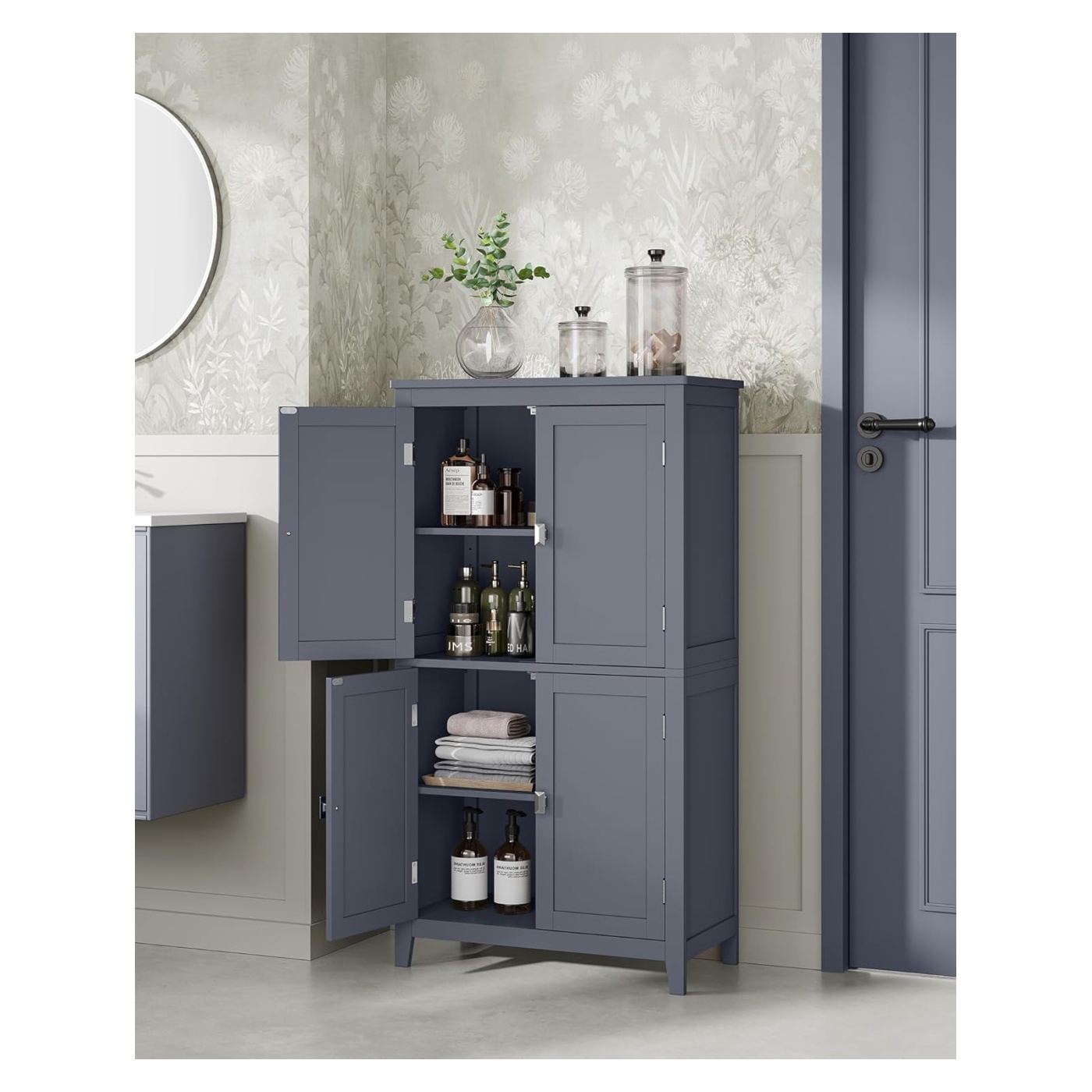 Шкаф за баня, MDF, с 2 отделения и 4 врати, регулируеми рафтове, 30x60x110см, тъмно сив - 5
