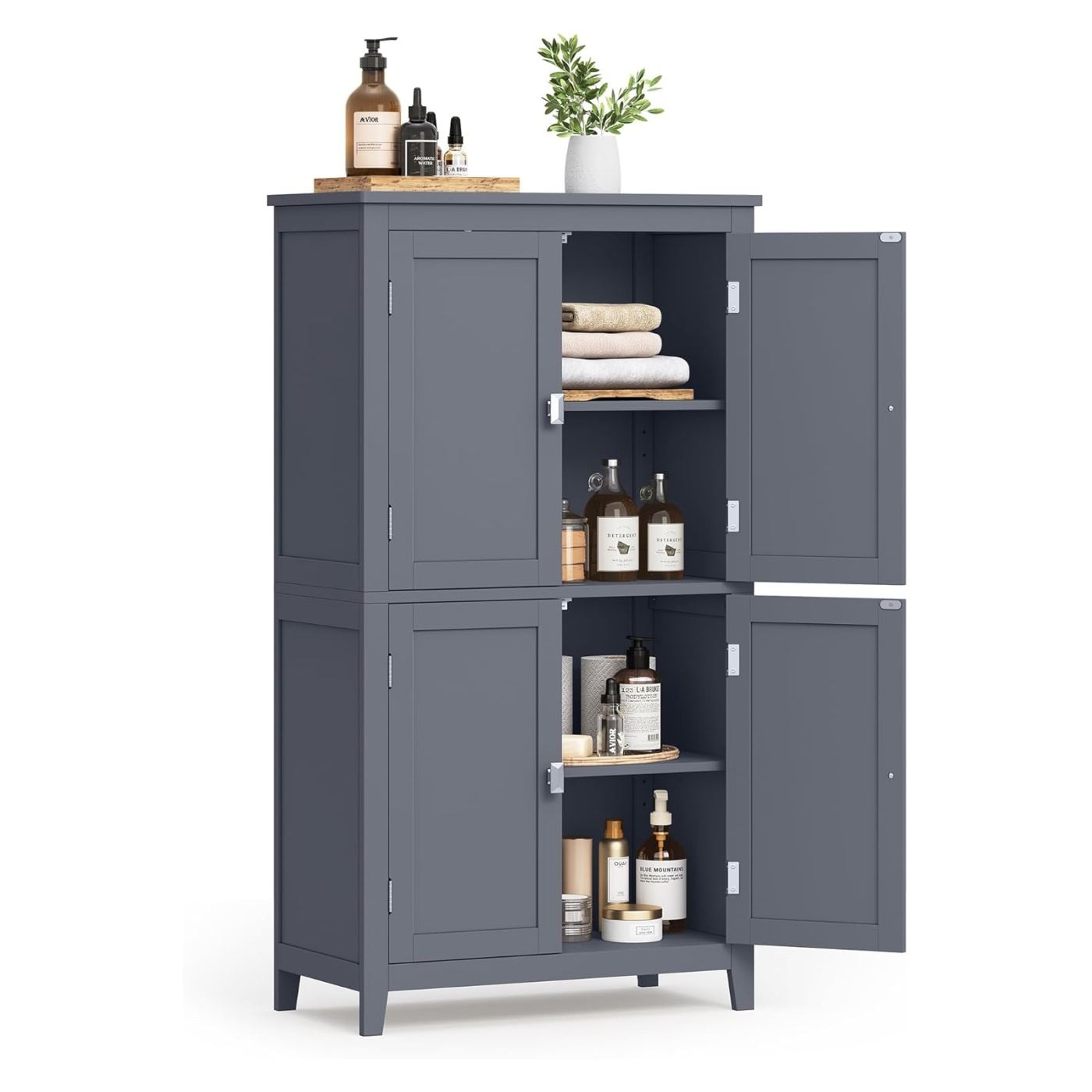 Шкаф за баня, MDF, с 2 отделения и 4 врати, регулируеми рафтове, 30x60x110см, тъмно сив - 6