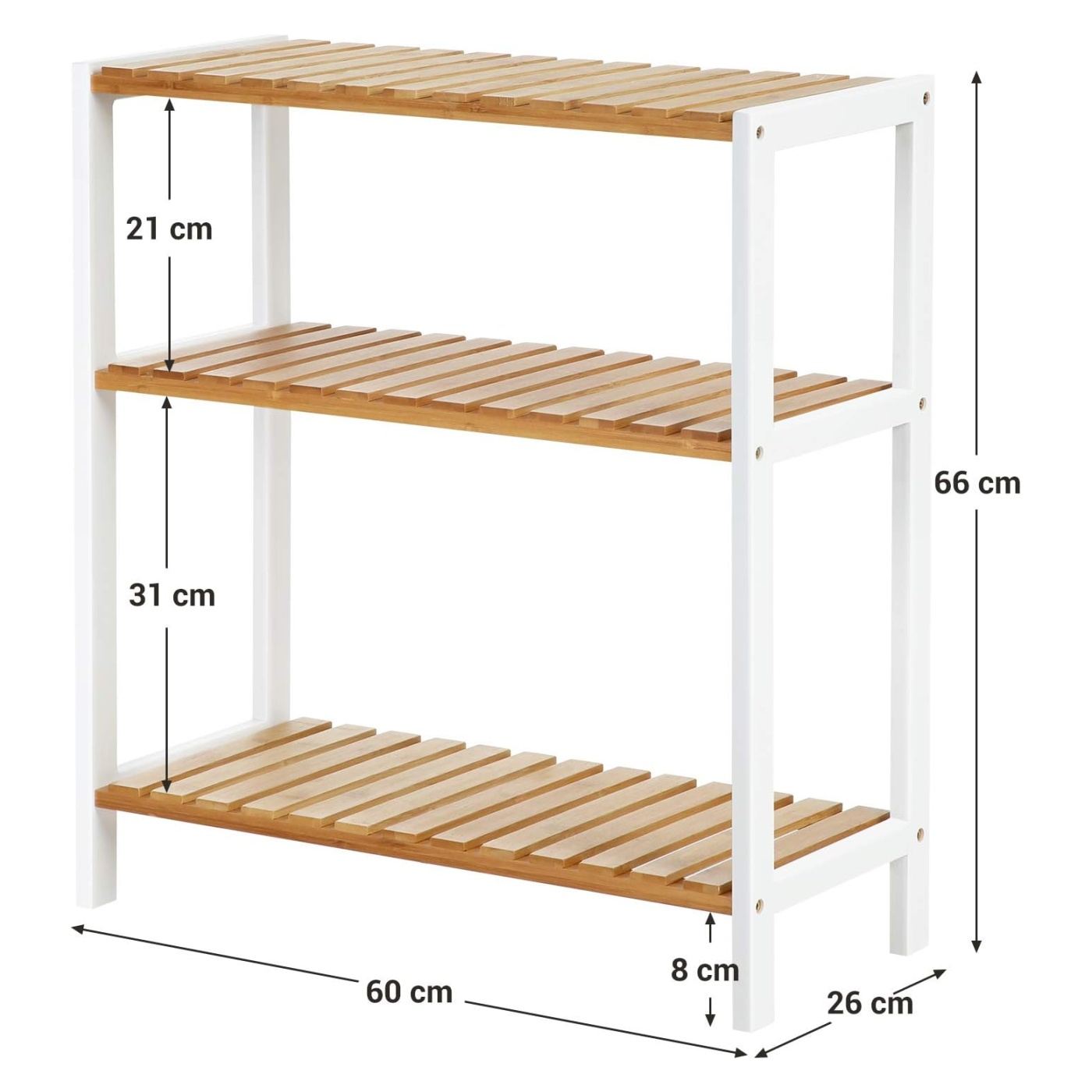 Бамбукова етажерка 60x26x66 см, с 3 рафта, комплект против падане, бяла и натурална - 3
