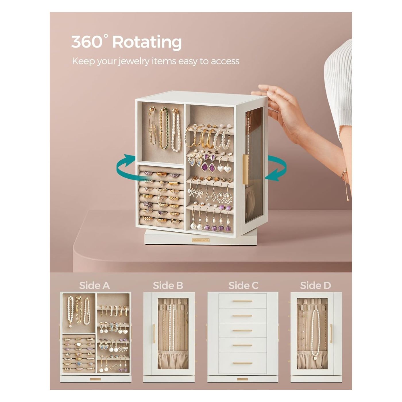 360° въртяща се кутия за бижута, с 5 чекмеджета и прозорци, MDF и кадифе, 22x16x29 см, бяла - 4