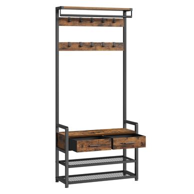 Cuier cu polite de depozitare pantofi si 2 sertare, cadru din otel, stil industrial, 30x80x182cm, maro rustic Maro