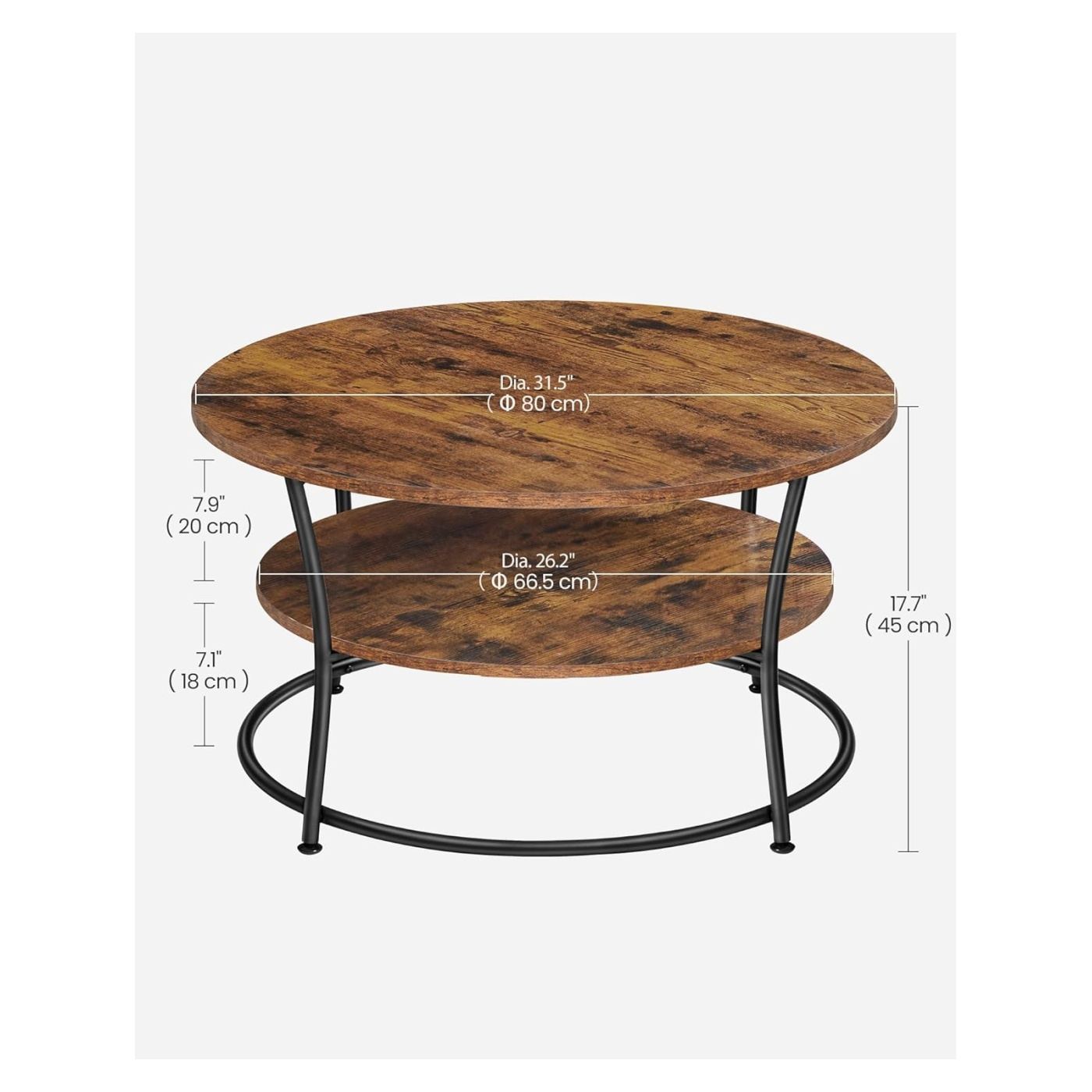 Masuta de cafea rotunda cu raft, cadru metalic, stil industrial, 80x45 cm, maro rustic - 3