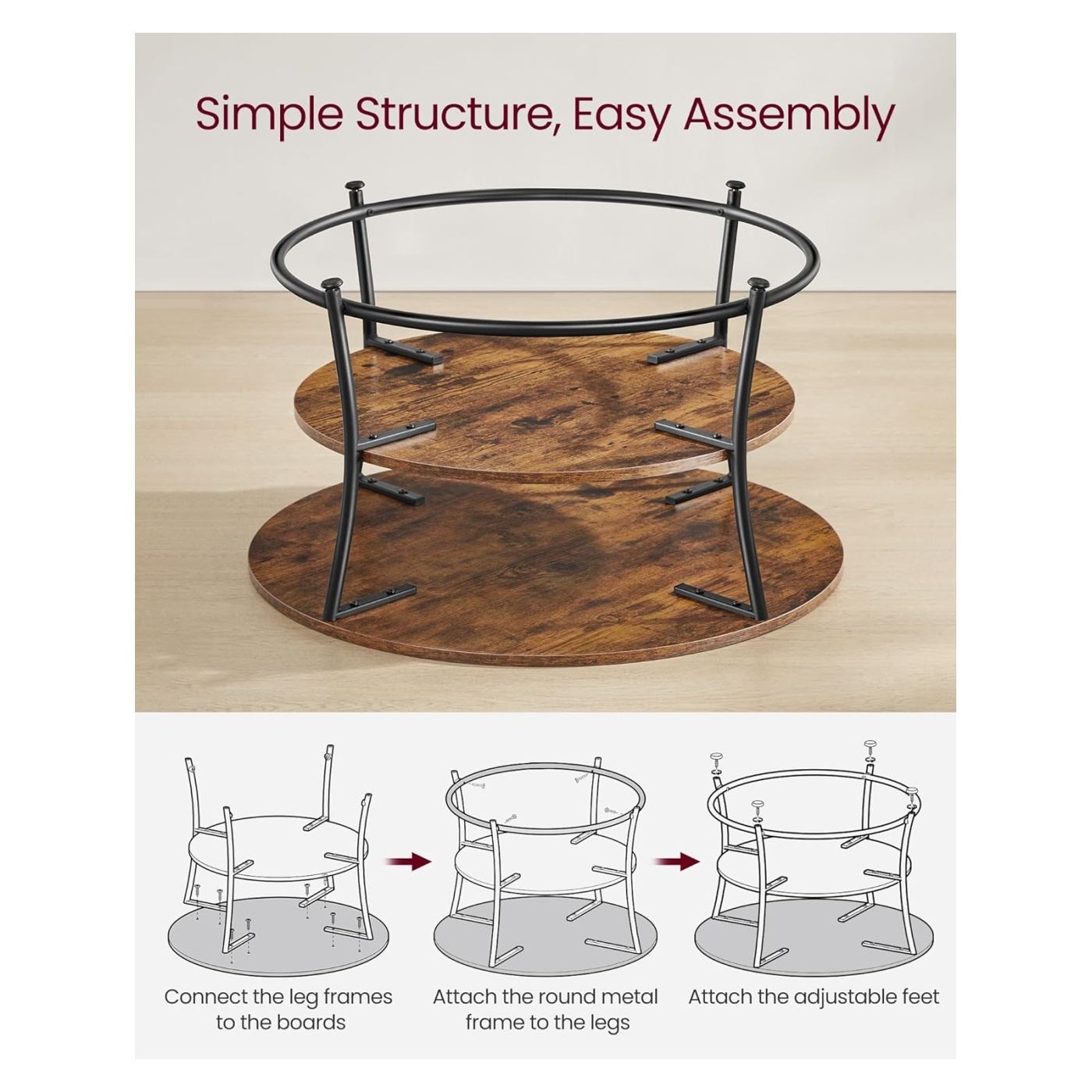 Masuta de cafea rotunda cu raft, cadru metalic, stil industrial, 80x45 cm, maro rustic - 5