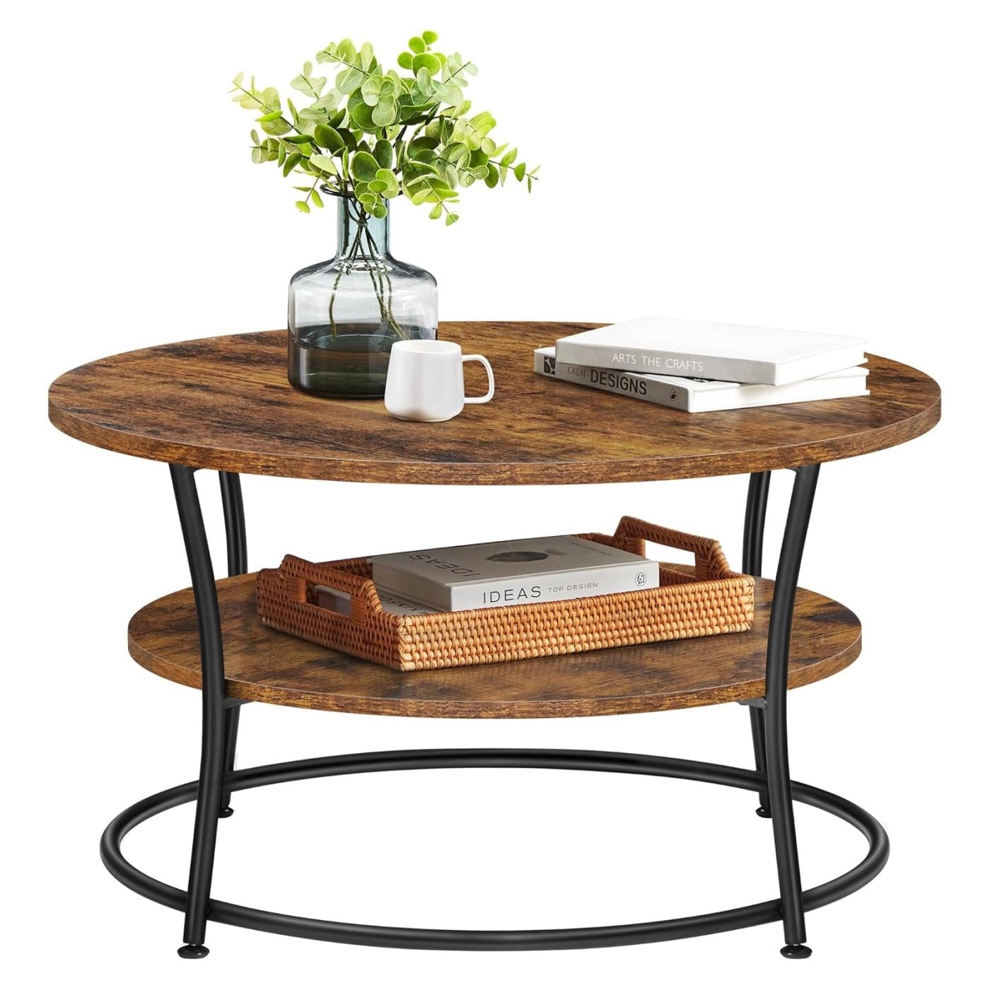 Masuta de cafea rotunda cu raft, cadru metalic, stil industrial, 80x45 cm, maro rustic - 6