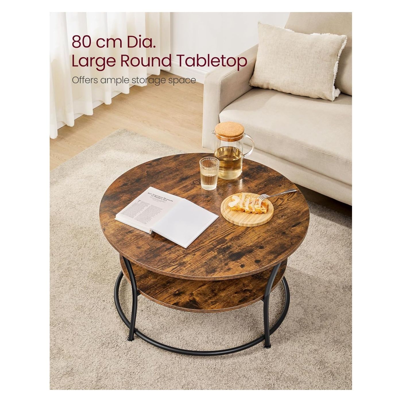 Masuta de cafea rotunda cu raft, cadru metalic, stil industrial, 80x45 cm, maro rustic - 8
