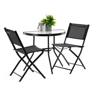 Set mobilier gradina sau balcon, masa semirotund sticla cu 2 scaune pliabile, negru