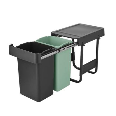 Вградена кошница за боклук, Brabantia, Sort&Go, 2x15 литра, сиво/пастелно зелено