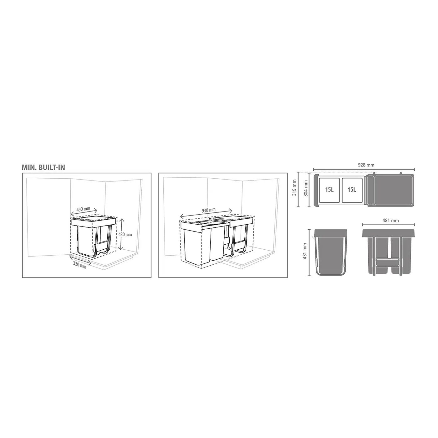 Вградена кошница за боклук, Brabantia, Sort&Go, 2x15 литра, сиво/пастелно зелено - 5