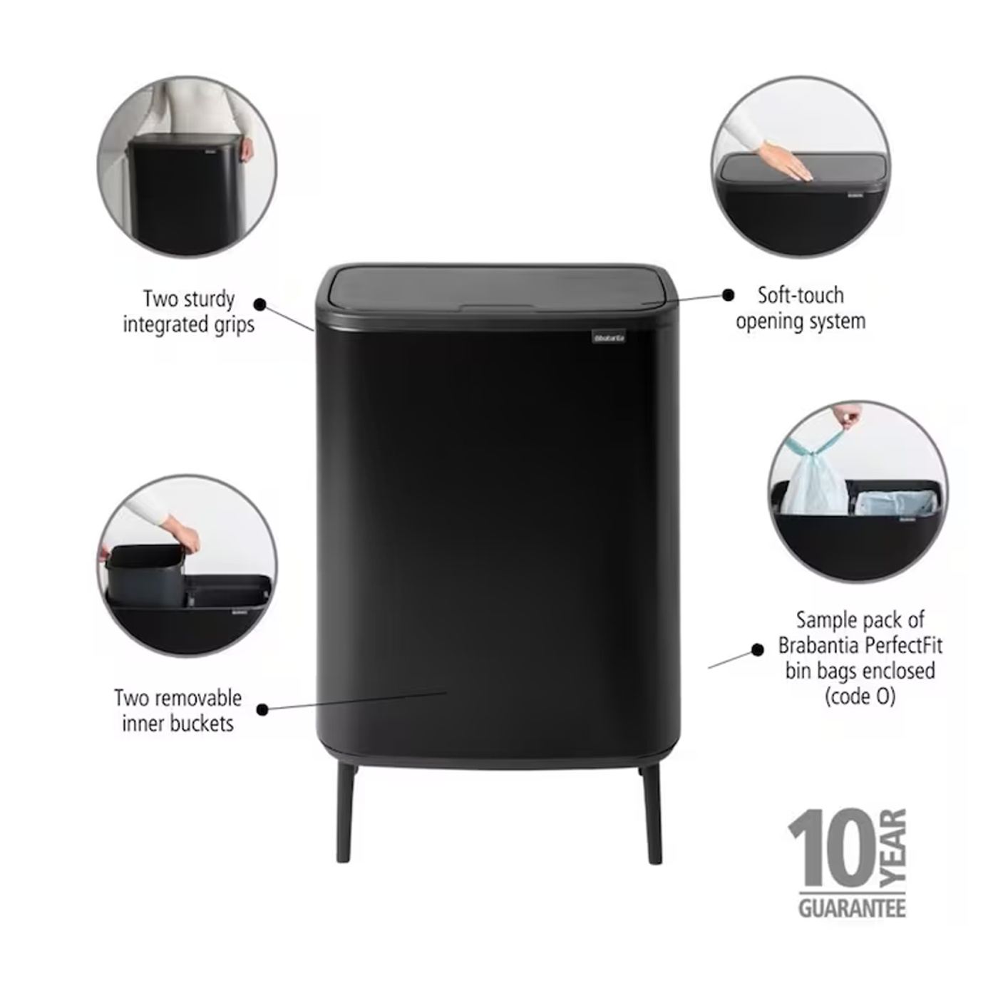 Кофа за боклук с крака, Brabantia, Bo Touch Bin Hi, 2 x 30 литра, матово черна - 6
